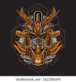 Mecha head samurai with sacred geometry pattern