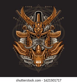 Mecha head samurai with sacred geometry pattern