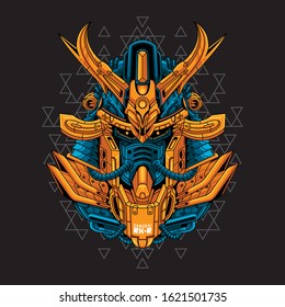 Mecha head samurai with sacred geometry pattern