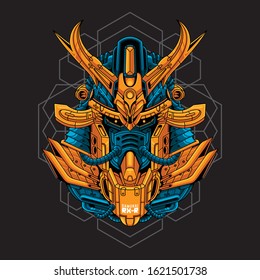 Mecha head samurai with sacred geometry pattern