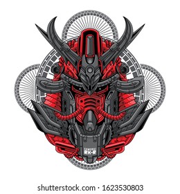 Mecha head samurai sacred geometry pattern illustration 