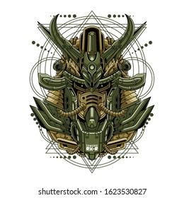 Mecha head samurai sacred geometry pattern illustration 