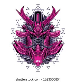 Mecha head samurai sacred geometry pattern illustration 