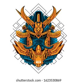 Mecha head samurai sacred geometry pattern illustration 