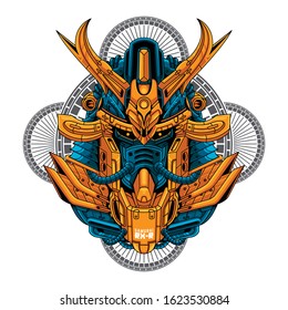 Mecha head samurai sacred geometry pattern illustration 