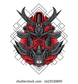 Mecha head samurai sacred geometry pattern illustration 