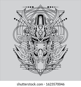 Mecha head samurai sacred geometry pattern illustration