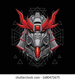 Mecha-Kopfsamurai mit sakralen Geometrie-Mustern