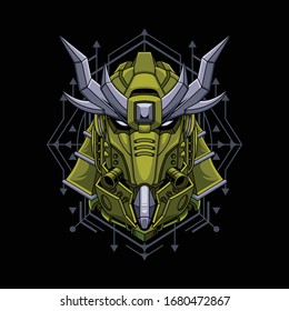 Mecha head samurai with sacred geometry pattern