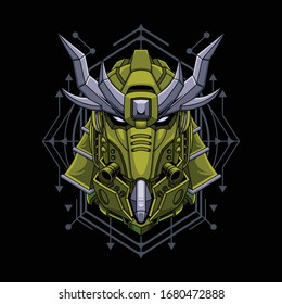 Mecha-Kopfsamurai mit sakralen Geometrie-Mustern