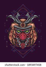 Mecha head samurai with sacred geometry pattern. Perfect for design of t-shirts, stickers, merchandise, etc.