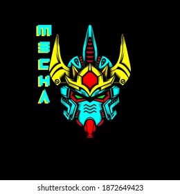 Mecha Head with text and neon color, can use for mascot logo, gaming logo, tshirt and more