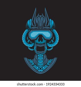 mecha illustration of a samurai skull, suitable for the design of t-shirts, stickers, merchandise, etc.