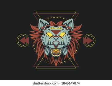 Mecha Lion Vector Template. Illustration of a Roaring Lion Mecha with Sacred Geometry.