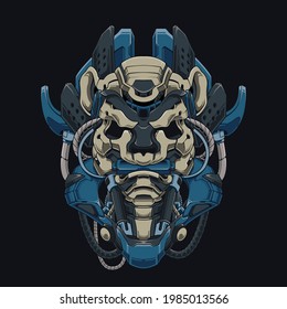 Mecha Ninja Panda Cyberpunk Illustration. Panda Head Biting Martial Arts Roll Shirt Design with a Robot Theme