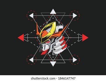 Mecha Robot Head. Sacred Geometry. Vector Illustration.