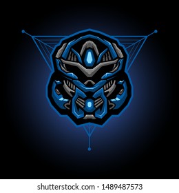 mecha robot head vector illustration for t shirt, apparel or badge. robotic head e sports logo gaming mascot or twitch profile