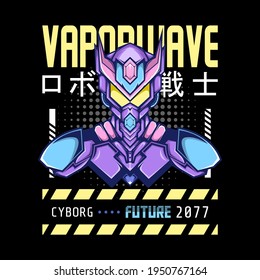 mecha robot vaporwave theme  with letters write Japanese writing which means robot knight perfect for merchandise, hoodie, tshirt, etc