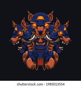 Mecha Three-Headed Dog Cyberpunk Illustration. Dog Doberman Shirt Design with a Robot Theme