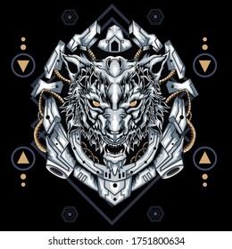 Mecha Wolf Sacred Geometry. Perfect for t-shirt/apparel, merchandise, pin design, etc