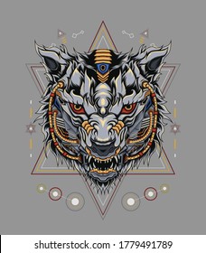 vector de ilustración de lobos mecha con fondo sagrado