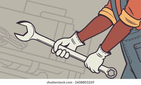 Mechanic in Action: A skilled mechanic, clad in workwear, grips a sizable wrench with purpose, against a backdrop of machinery. Embodying precision and competence.