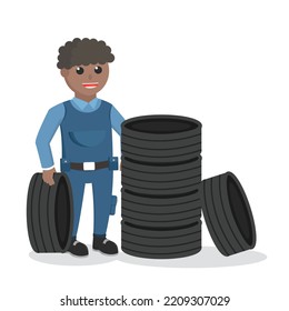 mechanic african with a stack of tires design character on white background