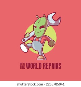 A mechanic alien character holding a wrench vector illustration. Space, alien, work design concept.