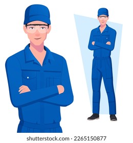 Mechanic Arms Folded In Standing Pose, Character wearing Blue Overalls with Cap