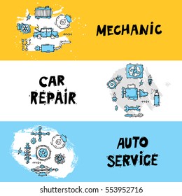 Mechanic. Auto engine repair elements. Horizontal banners. Suspension, painting, polishing. Car service. Hand drawn vintage style. Flat design vector illustration.