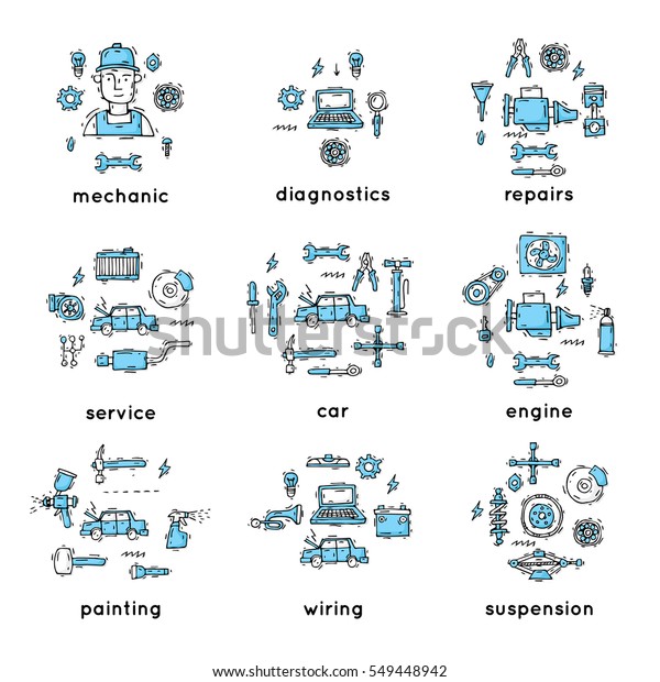 Mechanic. Auto engine repair elements.\
Suspension, painting, polishing. Car service. Hand drawn vintage\
style. Flat design vector\
illustration.