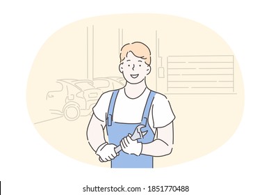 Mechanic, auto repairing salon, auto-fitter, repairman, technician concept. Young smiling repairman in working uniform cartoon character standing wrench for repairing in hands in car service 