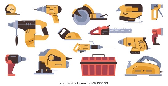 Mechanic and automatic tools for work at construction site or manufactory. Vector in flat style, isolated set of jigsaw and sanding machine for wood, screwdriver and drill equipment for handyman