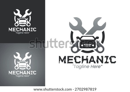 Mechanic badge logo with spanner and bolt accent in geometric style.