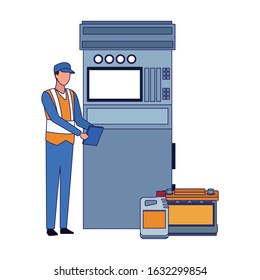 mechanic with battery and scanner machine over white background, vector illustration