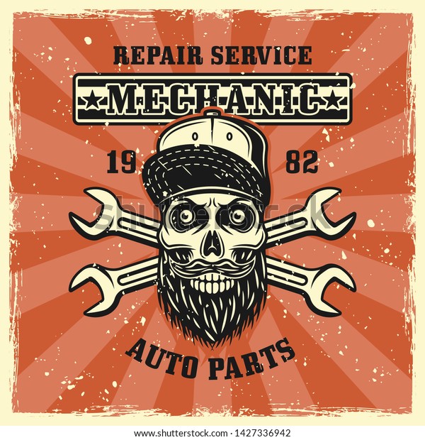 Mechanic bearded skull\
in cap and wrenches emblem, badge, label, logo or t-shirt print in\
vintage colored style. Vector illustration with grunge textures on\
separate layers