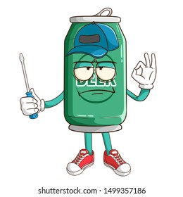 Mechanic of beer can cartoon character holding a screwdriver with funny flat expression