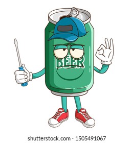Mechanic of beer can cartoon character holding a screwdriver with funny flat expression