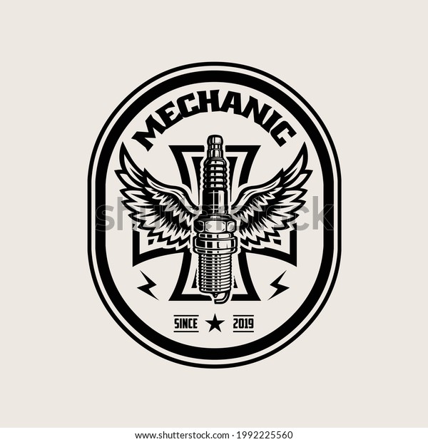 Mechanic Bike Logo Vector Isolated.\
Wings and Spark Plug Template Logo Emblem Badge\
Concept