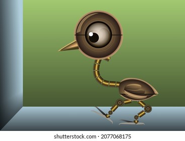 A mechanic bird robot walking inside a room. Vector illustration.