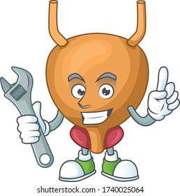 A mechanic bladder mascot character fix a broken machine