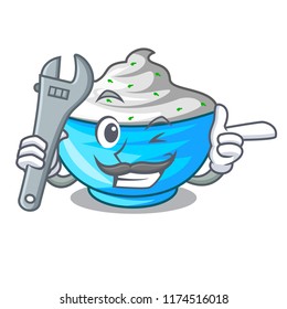 Mechanic bowl of sour cream on cartoon wooden table