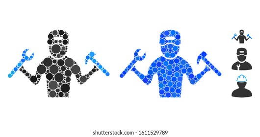 Mechanic boy composition of circle elements in various sizes and color tinges, based on mechanic boy icon. Vector circle elements are organized into blue composition.