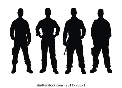 Mechanic Boys silhouette collection. Male mechanic silhouette on a white background. Mechanic men wearing uniforms and standing silhouette bundles. Male workers and laborers with anonymous faces.