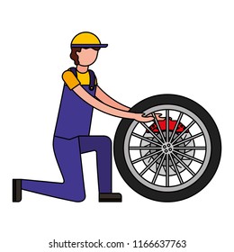 mechanic with brake disc engine part