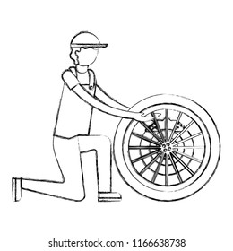 mechanic with brake disc engine part