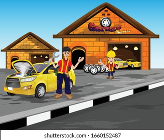 Mechanik mit Pannengelb-Automobil in der Garage-Vektorillustration