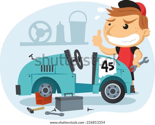 Mechanic Building Race Carting Cartoon Vector เวกเตอร์สต็อก ปลอดค่า