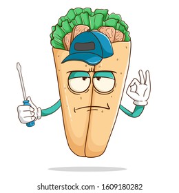 Mechanic of burrito cartoon character holding a screwdriver with funny flat expression