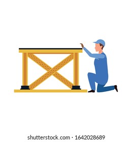 mechanic with car lift machine over white background, colorful design, vector illustration
